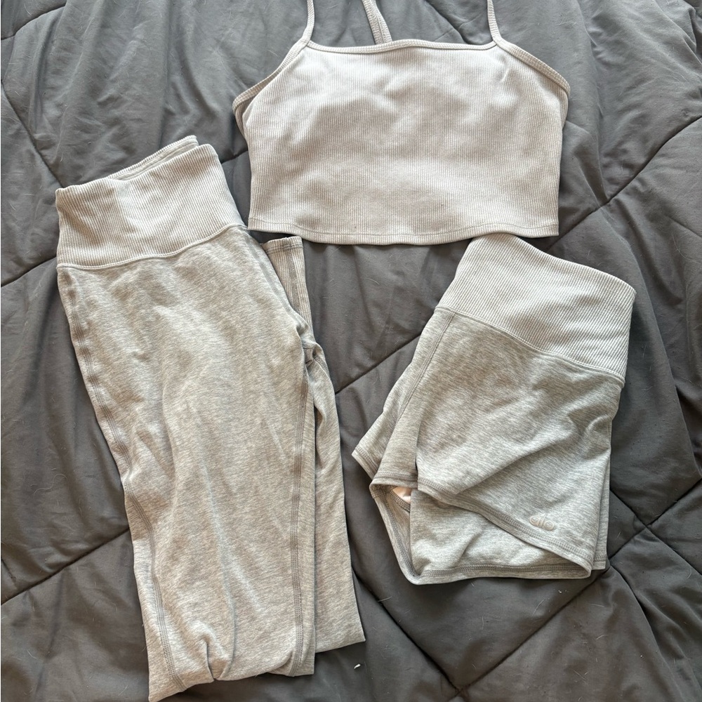 ALO Yoga Ribbed Crop Tank + Shorts + Legging Set in Light Gray